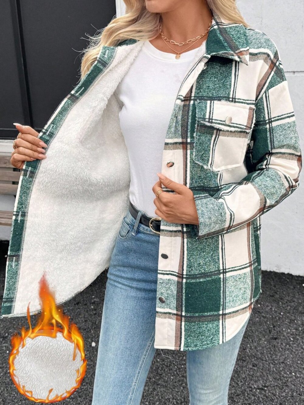 Casual Loose Fit Women's Warm Plaid Long Sleeve Shacket